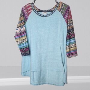 Umgee USA Womens Teal Colorful Raglan Sleeve Tunic Top Shirt‎ Medium